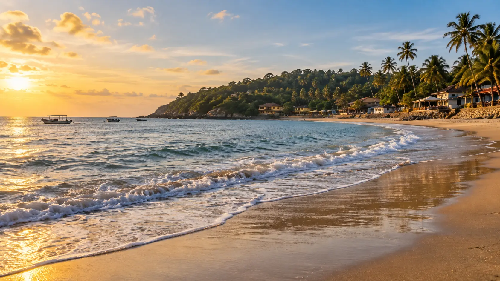 AI-generated illustration of a palm-lined coastal bay inspired by Goa’s Bogmalo Beach.