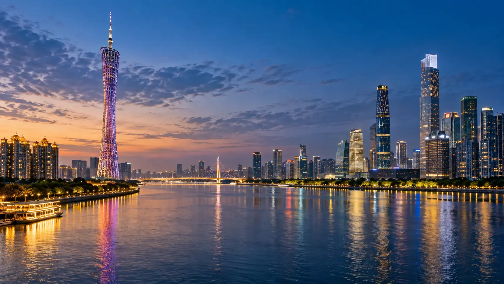 AI-generated illustration inspired by Guangzhou’s Pearl River skyline and Canton Tower at dusk.