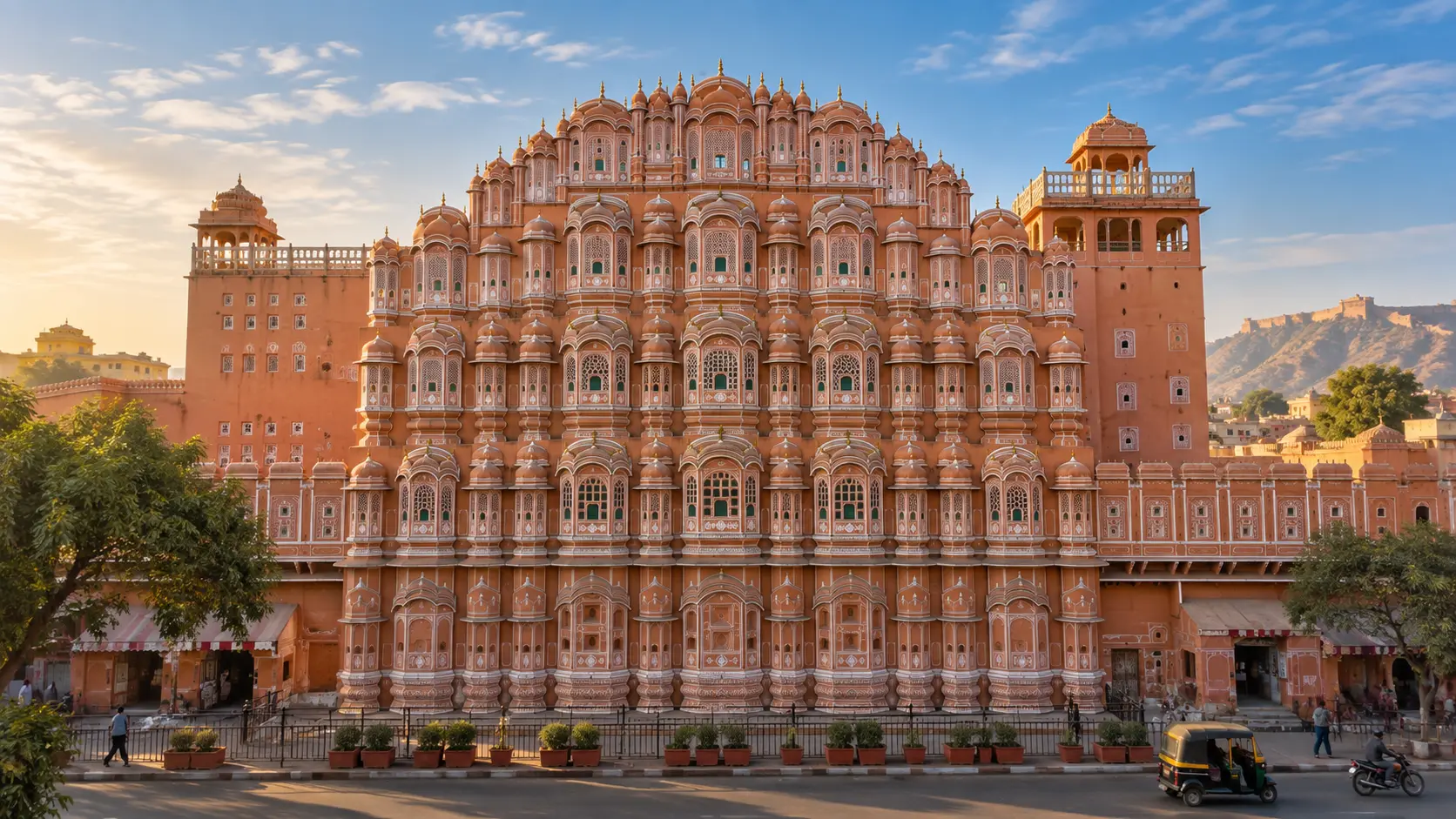 AI-generated illustration inspired by Jaipur’s pink sandstone Hawa Mahal.
